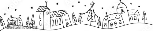 Christmas Village Scene Border Doodle