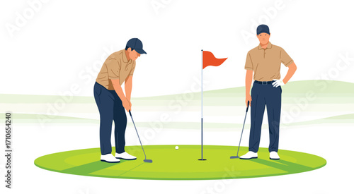 Two Golfers on Green,  Vector Illustration of Players Preparing to Putt, Golf Course Scene, Sports Vector for Tournament Graphics, Posters, Apparel, and Club Branding