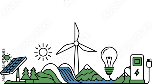 Line Art Eco-Friendly Energy Icons with Environmental Context