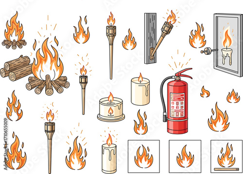 Line Art Fire and Flame Icons with Dynamic Shapes.