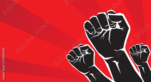 Illustration of a clenched fist protest symbol on a red background