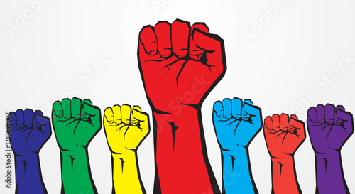 Colorful clenched fists raised symbolize unity, strength and freedom against an isolated background