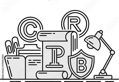 Line Art Intellectual Property Icons with Office Accessories