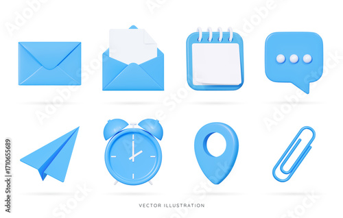 3D Cartoon office set emoji icons. Blue envelope, clock, calendar, message, paper clip, airplane and location pin. Business and education objects. Work elements. 3D Vector Illustration