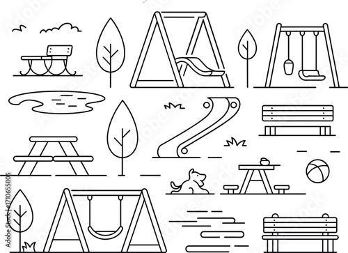 Line Art Park and Recreation Icons with Leisure Elements