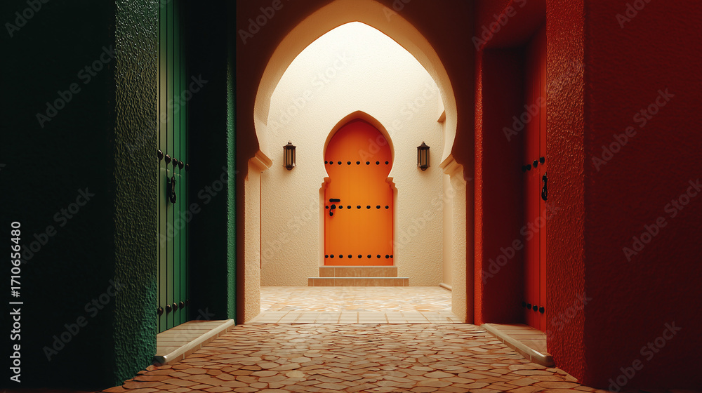Fototapeta premium Traditional Moroccan alley with colorful tiled archways and bright doors