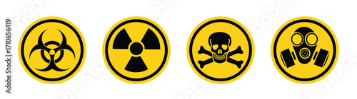 Set hazard danger yellow vector signs. Radiation sign, Biohazard sign, Toxic sign, Gas mask sign,  logo,icon, sticker, label, emblem,symbol, black, line, flat vector, isolated illustration.