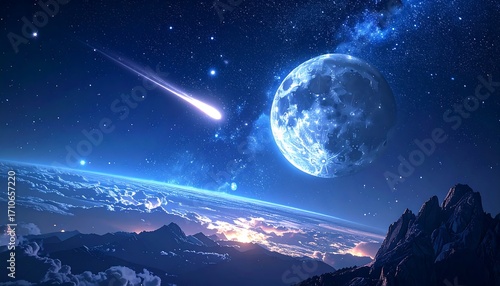Cosmic Symphony - A Celestial Dance of Moon, Earth, and Comet.