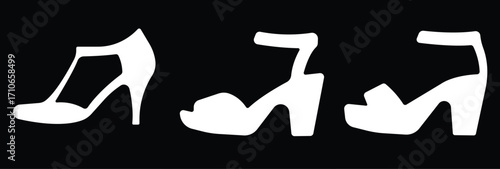 Art & IllustrationLadies shoes icon set.Stylish high heel silhouettes, women's fashion footwear collection,Outline and white stiletto icon set.Leather shoes heel icon flat simple icon set.