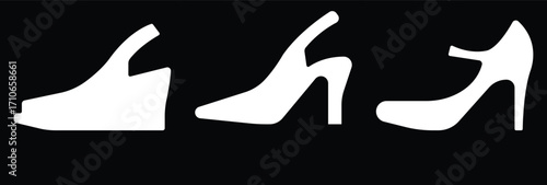 Art & IllustrationLadies shoes icon set.Stylish high heel silhouettes, women's fashion footwear collection,Outline and white stiletto icon set.Leather shoes heel icon flat simple icon set.