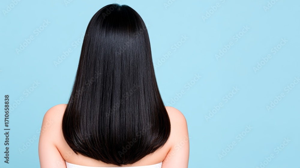 Fototapeta premium Asian female with long straight black hair against blue background