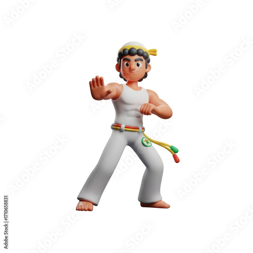 Capoeira fighter in a dynamic posture, 3D, transparent background