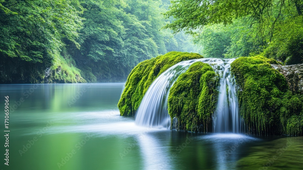 Fototapeta premium Serene Waterfall in Lush Green Forest: A Tranquil Nature Scene