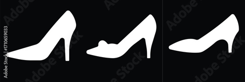 Art & IllustrationLadies shoes icon set.Stylish high heel silhouettes, women's fashion footwear collection,Outline and white stiletto icon set.Leather shoes heel icon flat simple icon set.