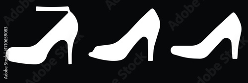 Art & IllustrationLadies shoes icon set.Stylish high heel silhouettes, women's fashion footwear collection,Outline and white stiletto icon set.Leather shoes heel icon flat simple icon set.