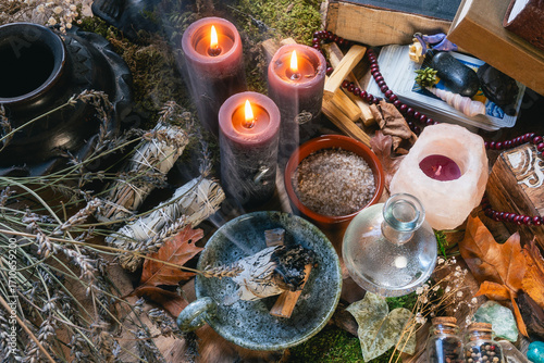 Enchanted Wiccan altar setup featuring burning candles, crystals, herbs, and ritual tools for spiritual healing and energy cleansing.