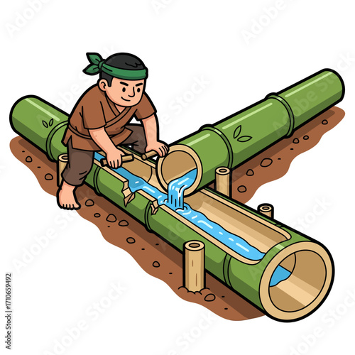 Illustration of a traditional farmer managing water flow by diverting a stream through a handmade bamboo aqueduct system