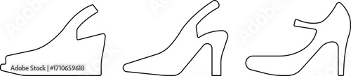 Art & IllustrationLadies shoes icon set.Stylish high heel silhouettes, women's fashion footwear collection,Outline and white stiletto icon set.Leather shoes heel icon flat simple icon set.