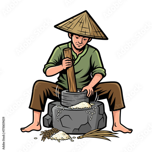 Asian Rice Farmer Using Traditional Mortar and Pestle