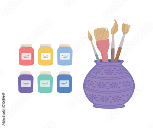 A set of brushes and paints, isolated. An artist's kit. Vector illustration.