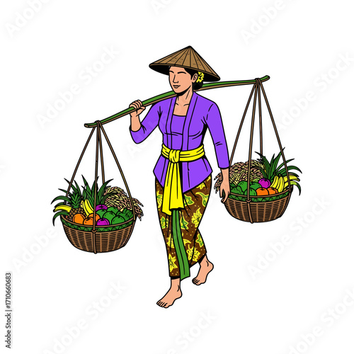 A traditionally dressed Southeast Asian woman carries a shoulder pole with baskets full of fresh market produce