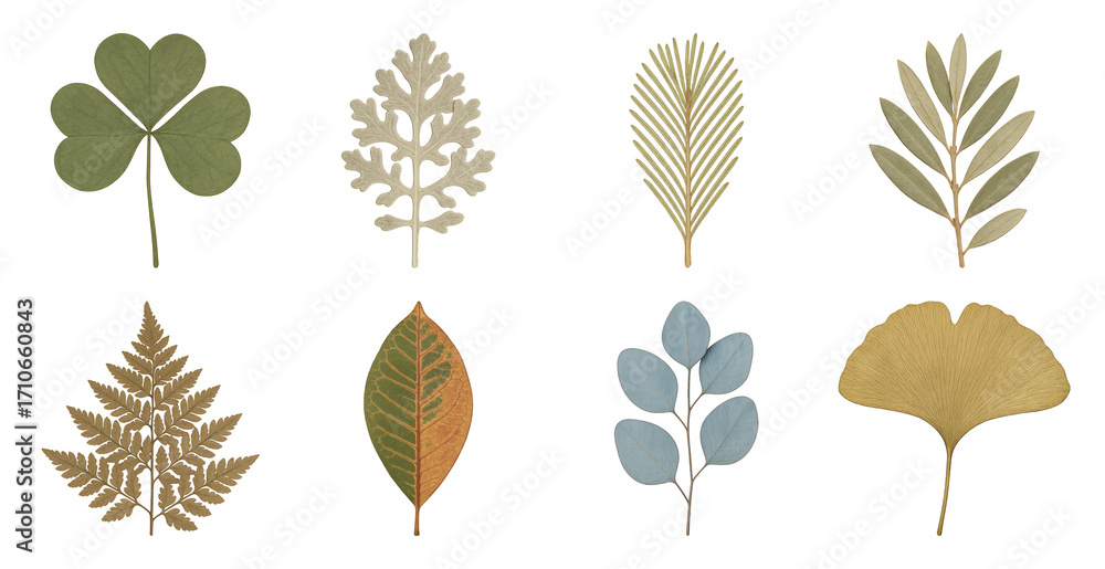 Obraz premium PNG Artistic botanical leaf illustrations, element set on transparent background