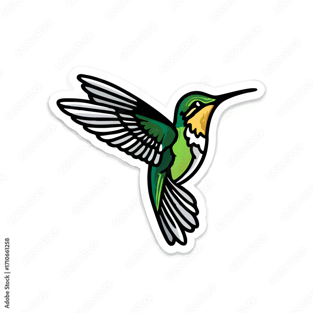 Fototapeta premium Green Hummingbird Flying with Wings Spread on White