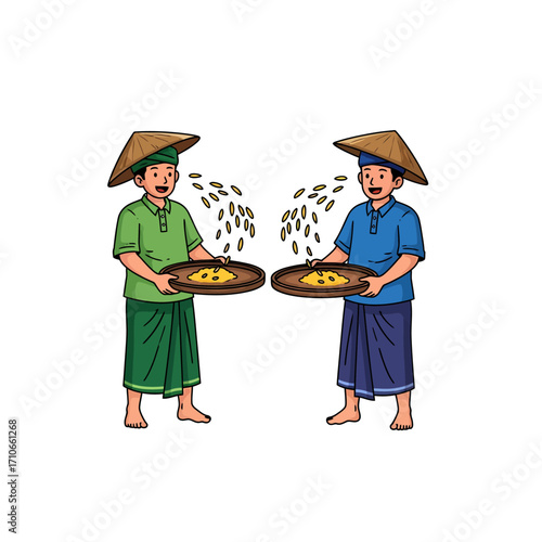 Two Asian farmers in traditional conical hats winnowing rice grains together, an illustration of a classic agricultural harvesting process