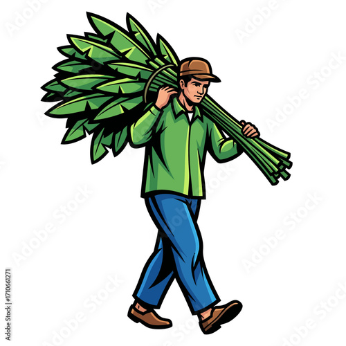 Vector illustration of a dedicated farmer carrying a bountiful harvest of green foliage on his shoulder, representing hard work and agriculture