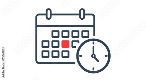 Calendar with clock showing appointment scheduling and time management against white backdrop, emphasizing organization and efficiency.