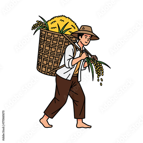 A diligent Asian farmer in a traditional hat carries a heavy woven basket overflowing with golden rice from a successful harvest