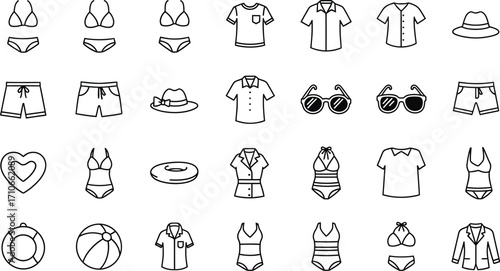 Summer beach clothes and accessories line art vector icons set