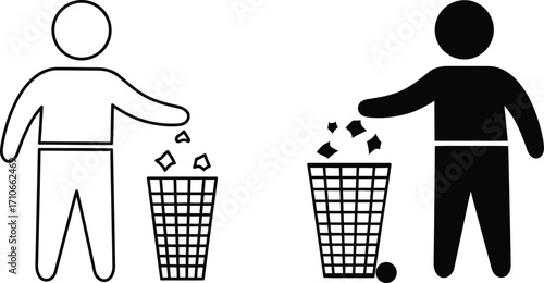 "Trash Disposal Icons – Black and White Stick Figures Throwing Litter into Bins"