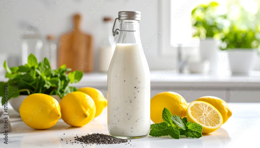Fototapeta premium Creamy lemon drink in glass bottle