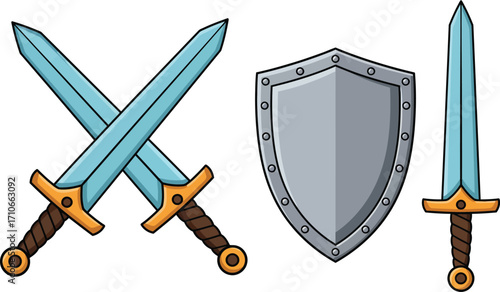 "Cartoon Swords and Shield Clipart – Medieval Weapon Icons for Games and Designs"
