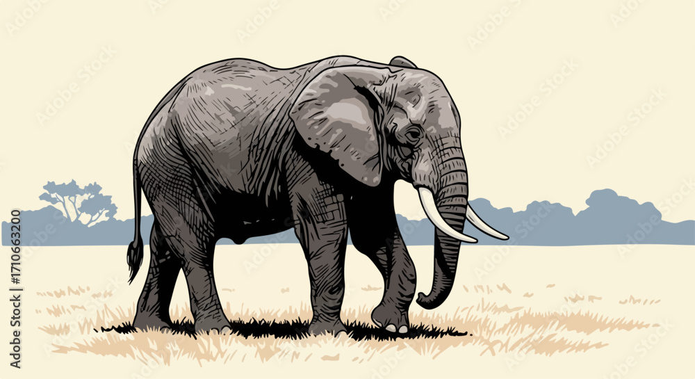 Fototapeta premium African elephant illustration displays pachyderm ambling across savanna, showing African elephant. 