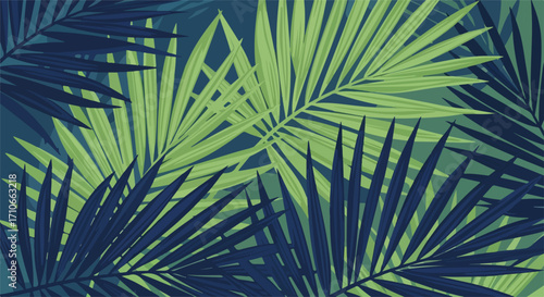 Tropical leaves create botanical background, las hojas tropicales crean un fondo botánico with fresh green and dark blue colors.
