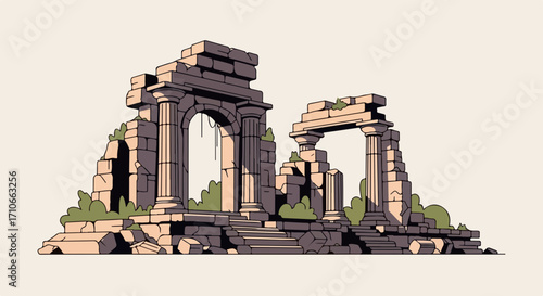 Ancient ruins reveal eroded architecture, showcasing stone blocks and historical landmarks, Ruinas antiguas revelan la arquitectura erosionada, mostrando bloques de piedra e hitos históricos.
