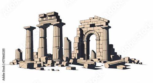 Ancient ruins showing classical architecture with remnants of architectural structures and stone blocks. Ancient ruins offer historical insight into architectural design and monument engineering.