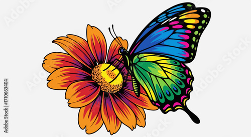 Colorful butterfly with flower on white background. Illustration shows vibrant butterfly resting on orange flower, creating charming composition.