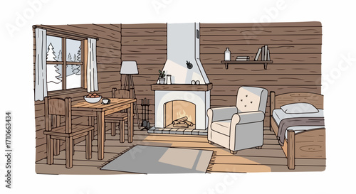 Cozy room illustration featuring fireplace and simple furniture creates peaceful interior. Cozy room with armchair, bed, table, and fireplace makes welcoming scene,
