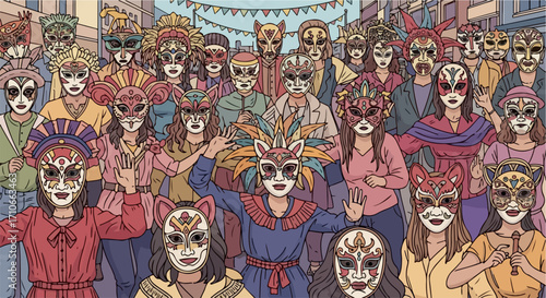 Group wearing masks in city street, gathering for festival party, parade with people in decorative masks, traditional costumes, and festive spirit.