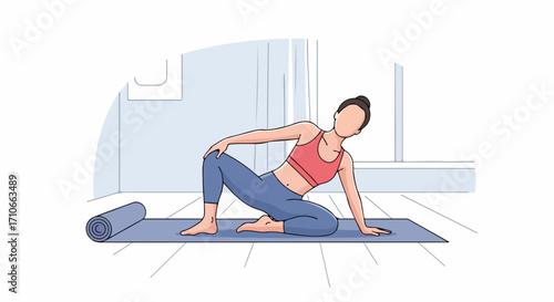 Woman doing yoga pose on mat in bright room. Yoga pose shows active woman stretching and practicing on yoga mat at home near window. A yoga pose symbolizes healthy lifestyle and body wellness.