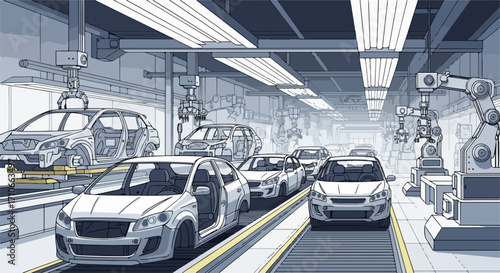 Car factory production line featuring automated robotic arms and a series of cars. Car factory assembly involves robotic manufacturing and automotive industry progress.