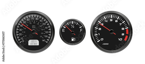Fotografia Realistic vector car dashboard speedometer, fuel and tachometer gauge