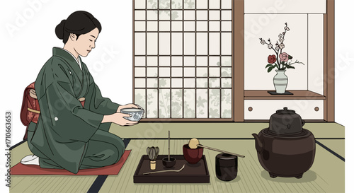 Traditional tea ceremony in a tatami room, featuring an elegant woman dressed in kimono. Traditional tea ceremony with equipment for brewing, in tatami room for guests.