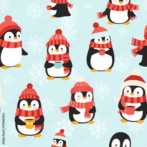 Charming penguins enjoying a warm winter day with hot beverages and snowflake decorations.