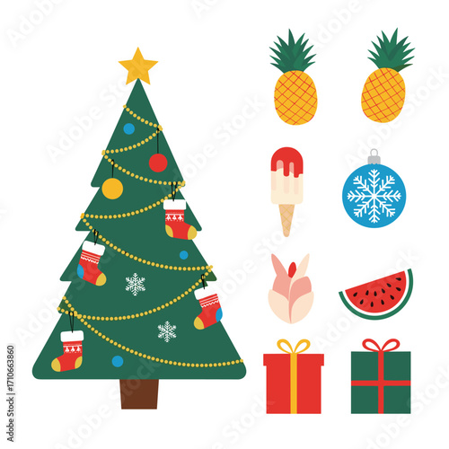 A festive holiday season collection featuring a decorated Christmas tree and various celebratory gifts and treats.