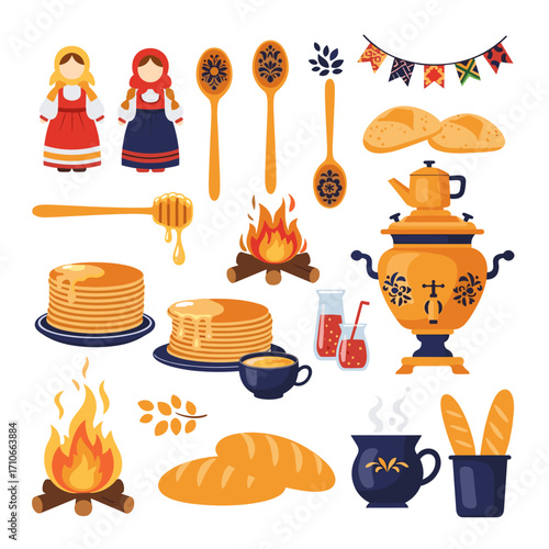 Traditional Russian cultural elements and food items for a festive celebration.