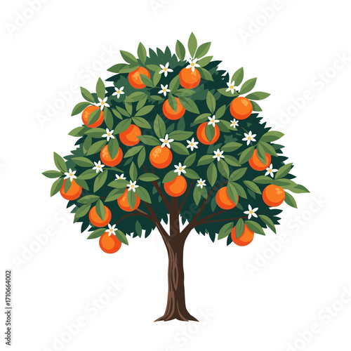 A vibrant orange tree laden with ripe fruit and delicate white blossoms showcasing its abundant harvest and natural beauty.